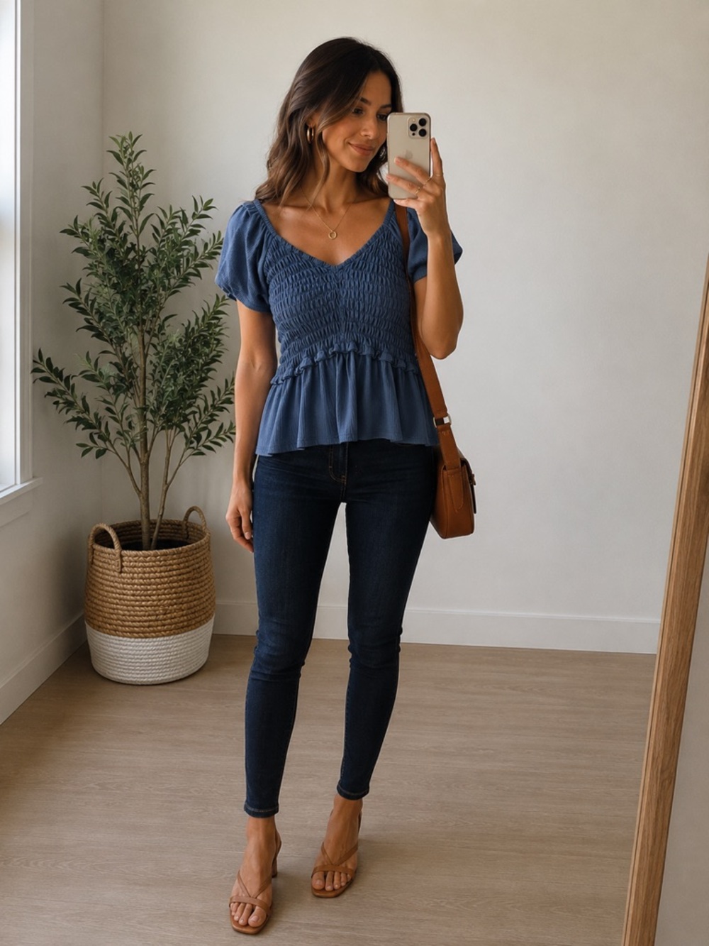 Discreet Blue Smocked Peplum Flutter Sleeve Crop Top